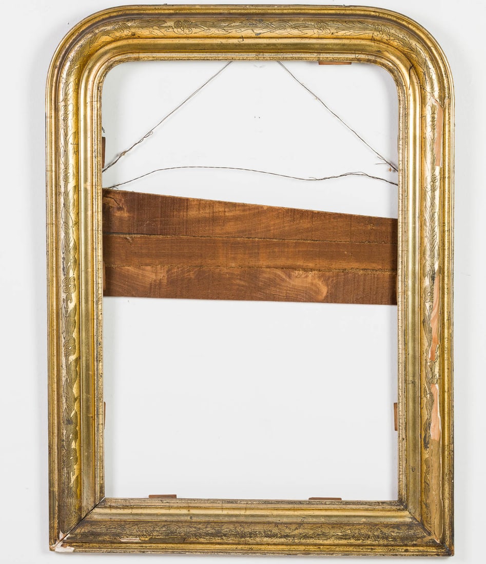Giltwood Mirror Frame: Description: Giltwood Mirror Frame, frame size: 36 1/4 in. x 27 in. Measurements: Height: by sight 29 in. x Width: 19 1/4 in.