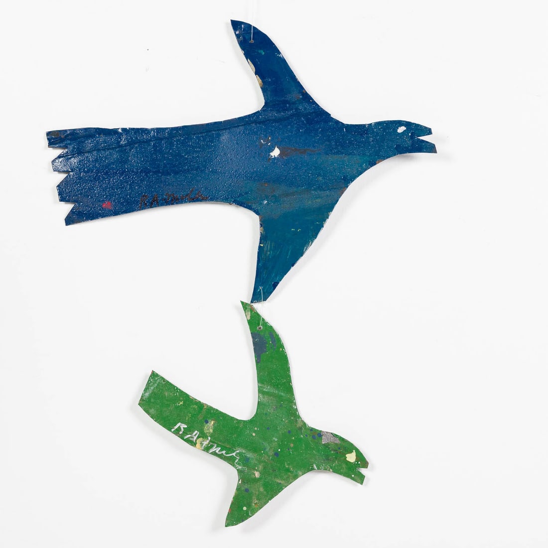 R.A. Miller (1912-2006), Two Doves, Paint on Tin: Property of a South Carolina Private Collector Description: R.A. Miller (American, 1912-2006), Two Doves, Paint on Tin, one signed lower center on verso, depicting an abstract bird in tones of gre
