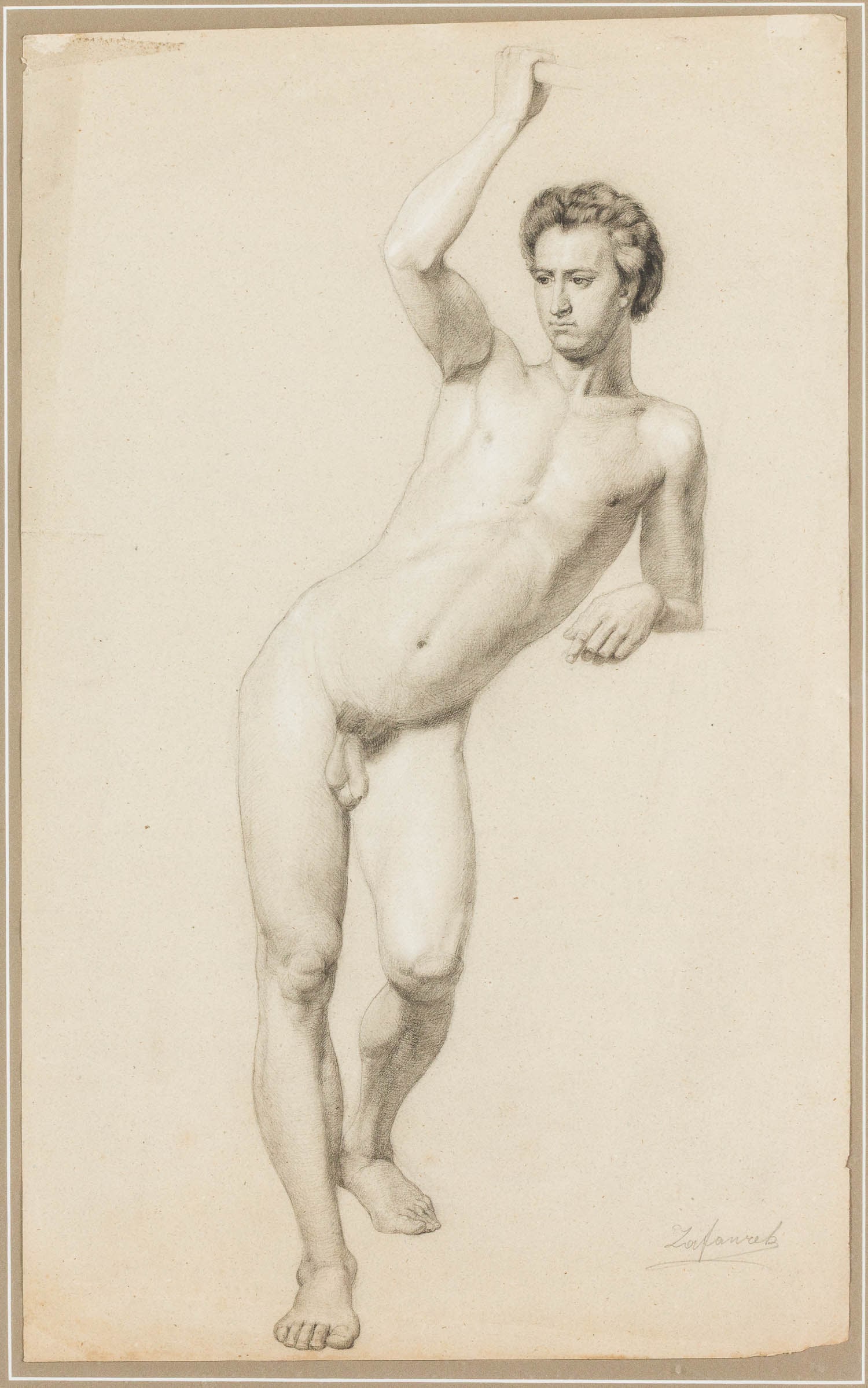 Illegibly signed, Pencil Drawing of Male Nude: Property of Bliss Hebert and Allen Charles Klein Description: Illegibly signed, Pencil Drawing of Male Nude, signed lower right, depicting a standing nude with one arm raised, floating, in a giltwood