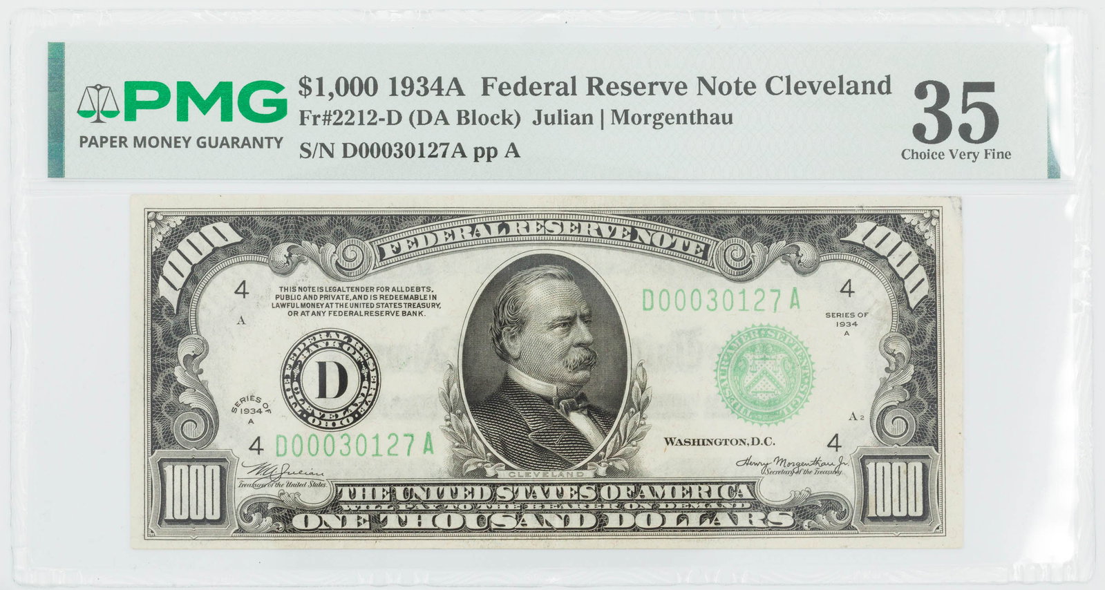 $1,000 1934A Federal Reserve Note Cleveland, PMG 35 (1 of 2)