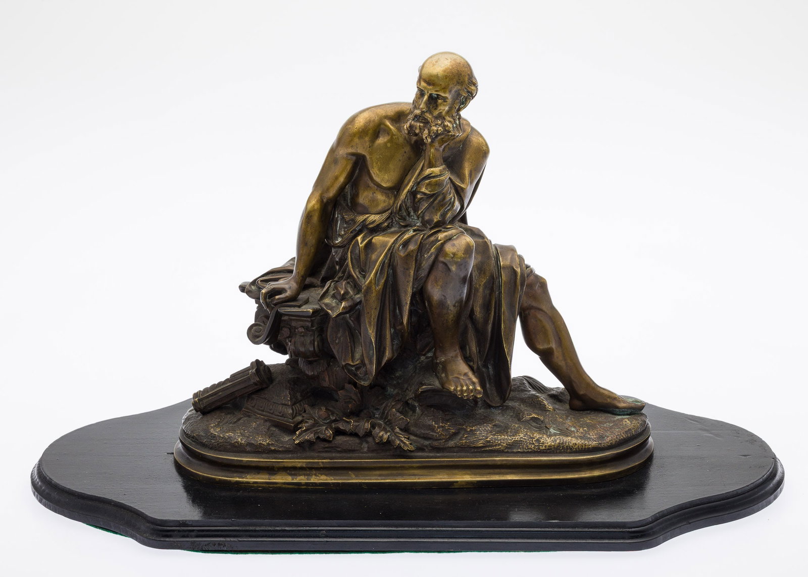 After Pierre Aubert, Seated Philosopher, Bronze: Property from a Savannah, GA Estate Description: After Pierre Aubert, Seated Philosopher, Bronze, signed on base by one foot, depicting a seated philosopher figure on a Corinthian column with scro