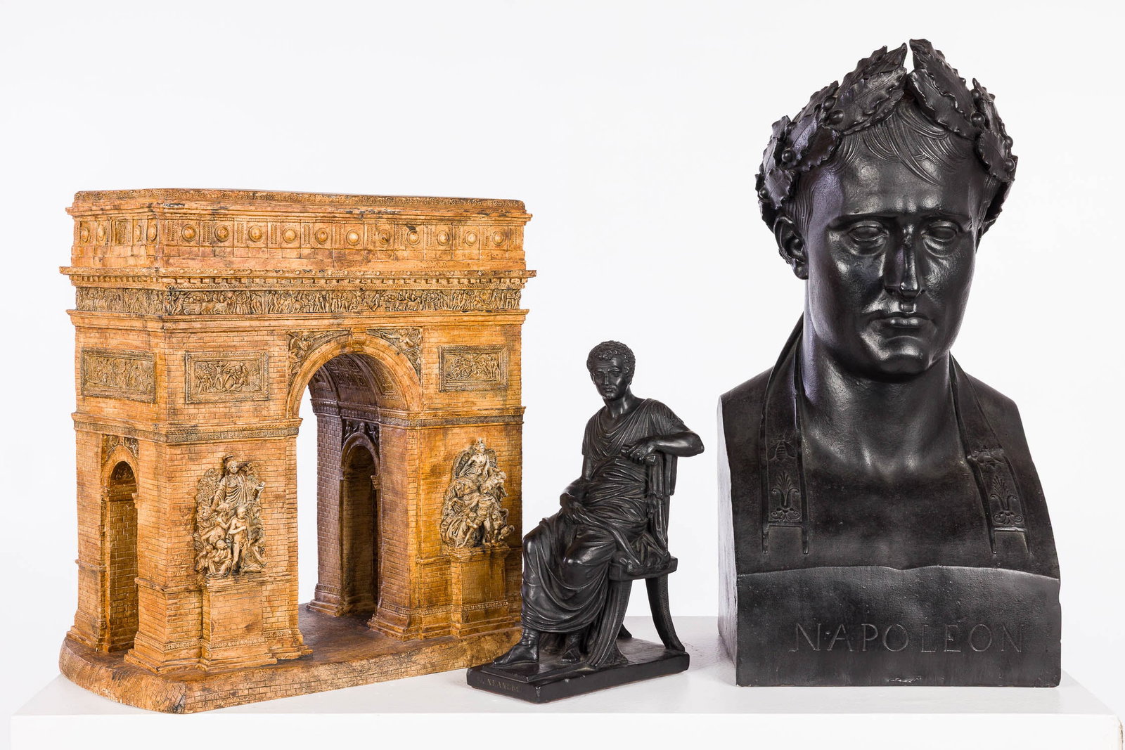 3 Grand Tour Style Sculptures: Property of Bliss Hebert and Allen Charles Klein Description: 3 Grand Tour Style Sculptures, comprising a sculpture of the Athenian dramatist seated on a chair, holding a scroll in his left hand with