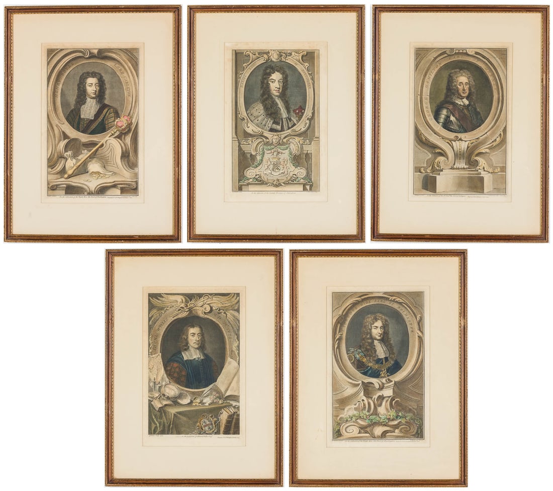 Five Handcolored Portrait Engravings: Description: Five Handcolored Portrait Engravings, comprising portraits in medallions "Laurence Hyde Earl of Rochester" with inscription "In the Collection of the Right Hon: the Eart of Burlinghton"
