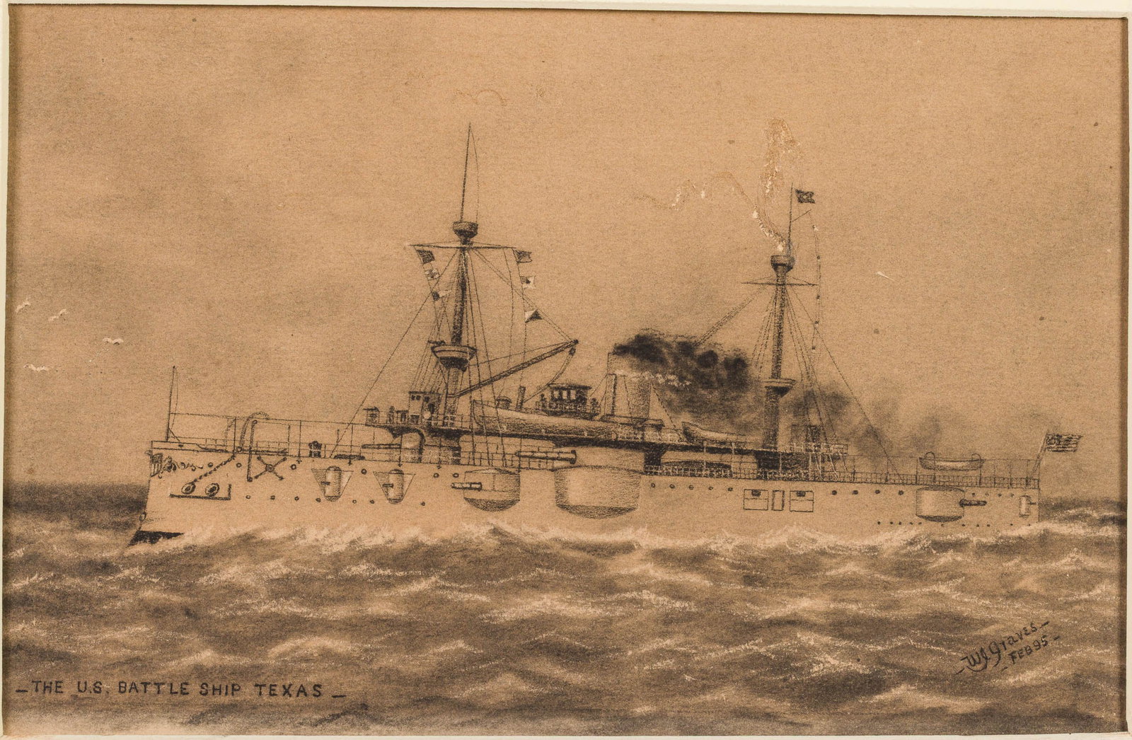 W J Graves, The US Battle Ship Texas, Drawing, 1895: Description: W. J. Graves, The US Battle Ship Texas, Charcoal and Pencil, 1895, signed W.J. Graves and dated Feb. '95 and inscribed 'The U.S. Battle Ship Texas' depicting The US Battle Ship Texas, a