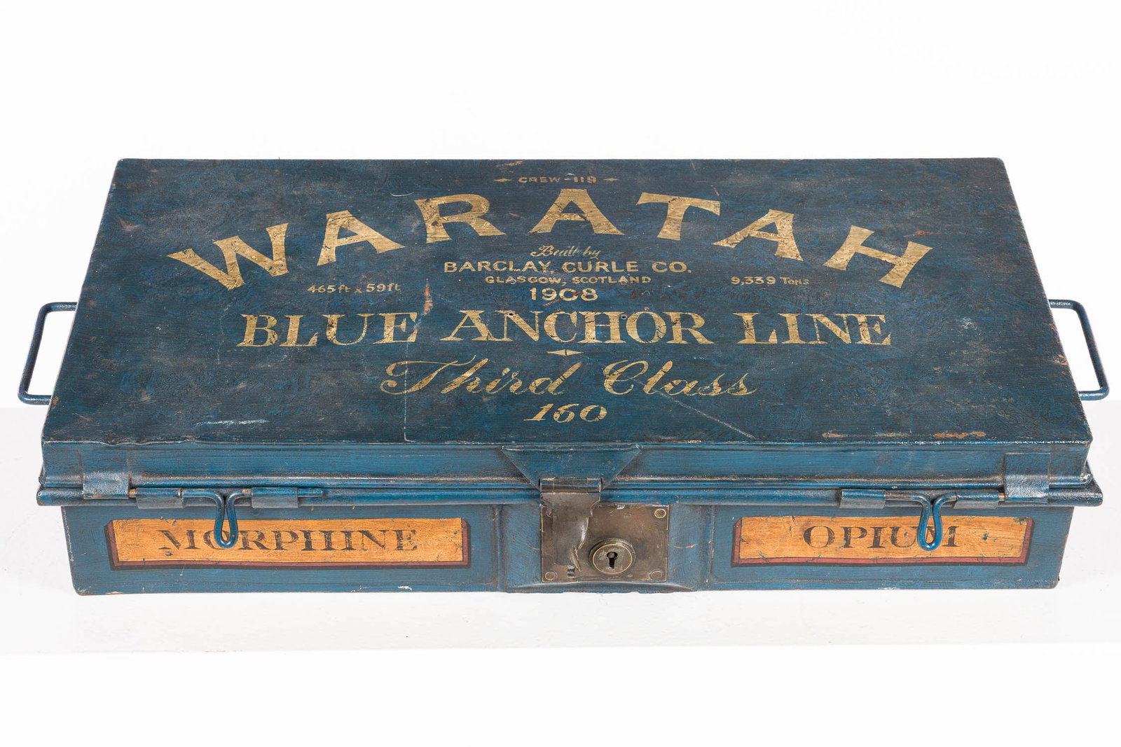 Rare Waratah Morphine and Opium Metal Storage Trunk: Description: Rare Waratah Morphine and Opium Metal Storage Trunk, of rectangular form, the top marked 'Waratah built by Barclay, Curle Co, Glasgow, Scotland, 1908, 465 ft x 59 ft, 9339 tons, Blue