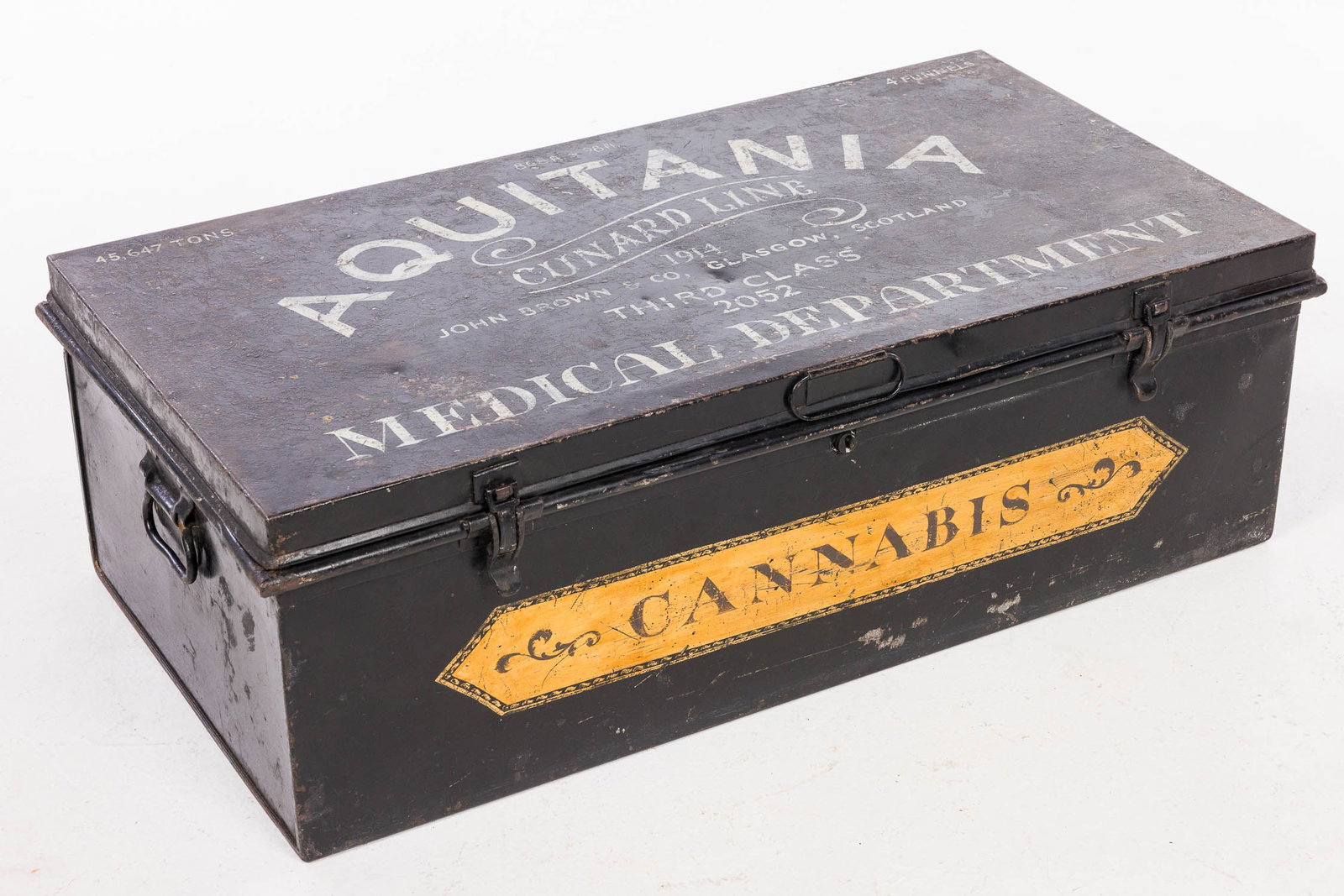 Aquitania Medical Dept. Cannabis Stowage Trunk: Description: Aquitania Medical Dept. Cannabis Stowage Trunk, the top marked in white letters: '45,647 tons, 868 ft x 98 ft, 4 funnels, Aquitania, Cunard Line, 1914, John Brown & Co., Glasgow,