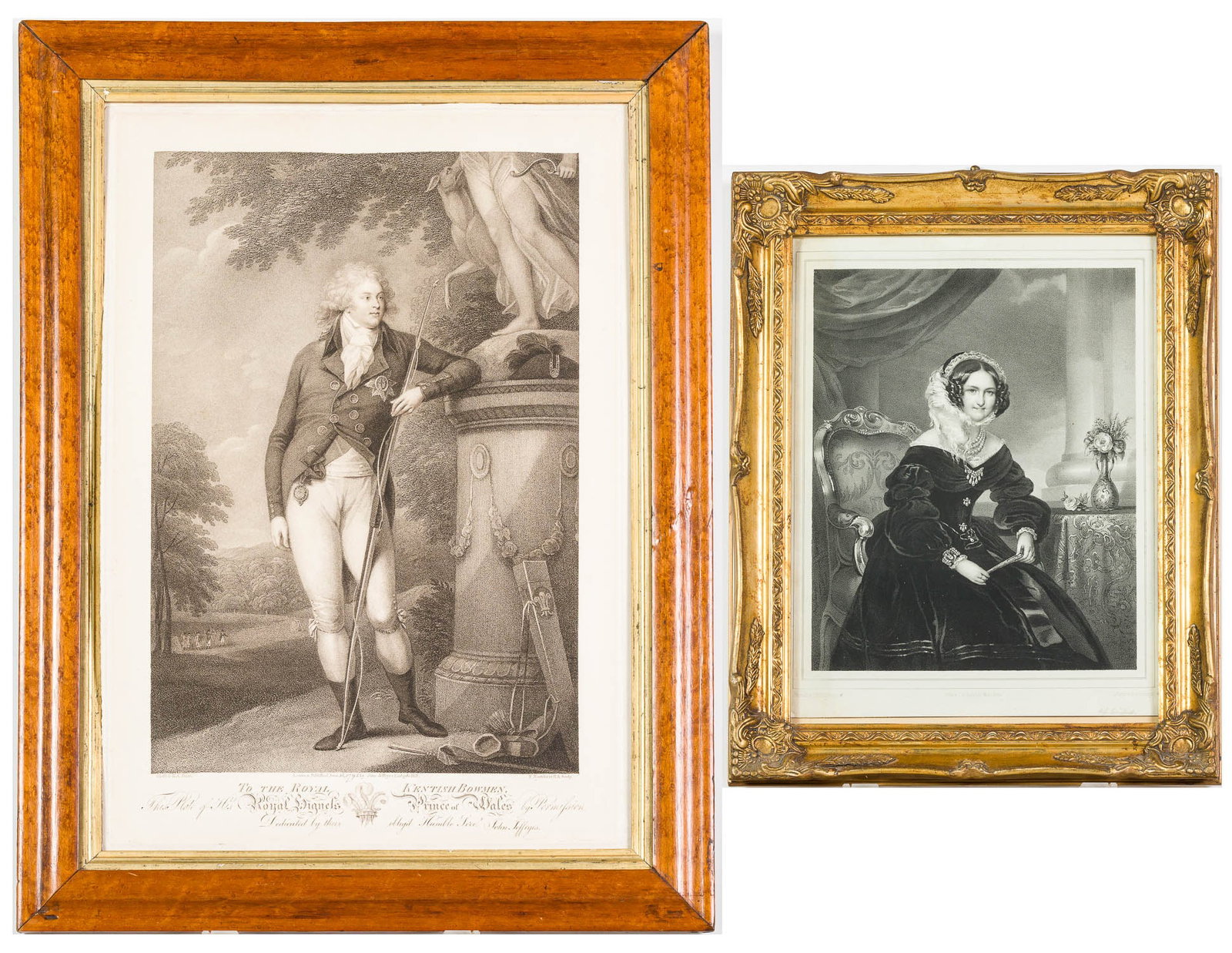 Engraving of King George IV & Lithograph of a Woman: Property of Bliss Hebert and Allen Charles Klein Description: Engraving of King George IV & Lithograph of a Woman, comprising a male portrait against country estate landscape by Bartolozzi Francesco