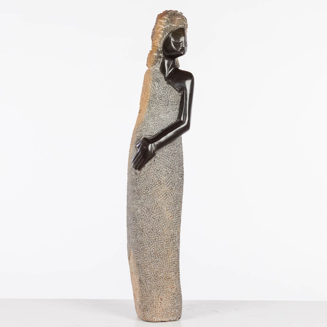 Norbert Shamuyarira (Zimbabwe) Stone Standing Figure: Description: Norbert Shamuyarira (Zimbabwe, 20th C), Standing Figure, Stone Sculpture, signed on bottom edge, carved stone standing female figure. Born in 1962 in the Chinhoyi District of