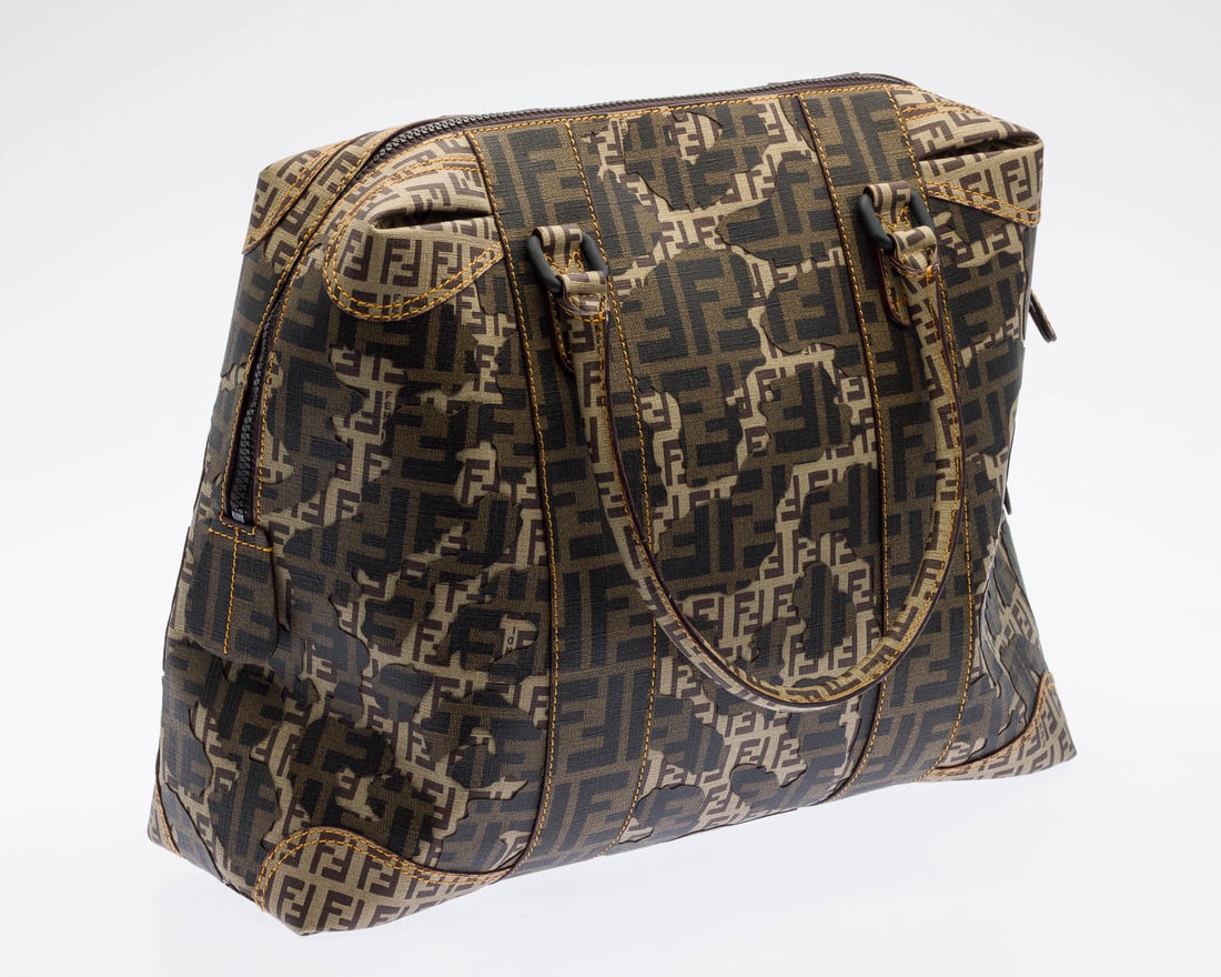 Fendi B Mix Baulotto Zucca Camo Camouflage Tote: Description: Fendi B Mix Baulotto Zucca Camo Camouflage Tote, with classic Zucca and Zucchino monogram patterns, double-rolled top handles and yellow contrast stitching along the leather-trimmed