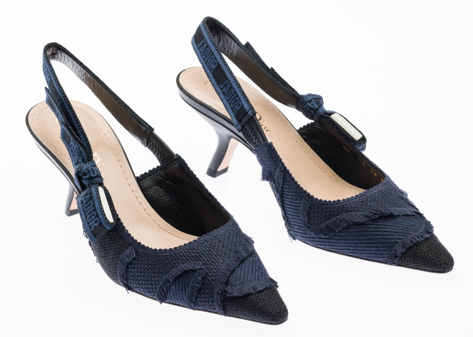 Christian Dior Womens J'Adior Slingback Pumps, Sz 36: Description: Christian Dior Women's J'Adior Slingback Pumps, Sz 36, navy blue with embroidered ribbon detail, low-cut upper, embroidered 'J'Adior' cotton ribbon strap finished with a flat bow, 2 1/2