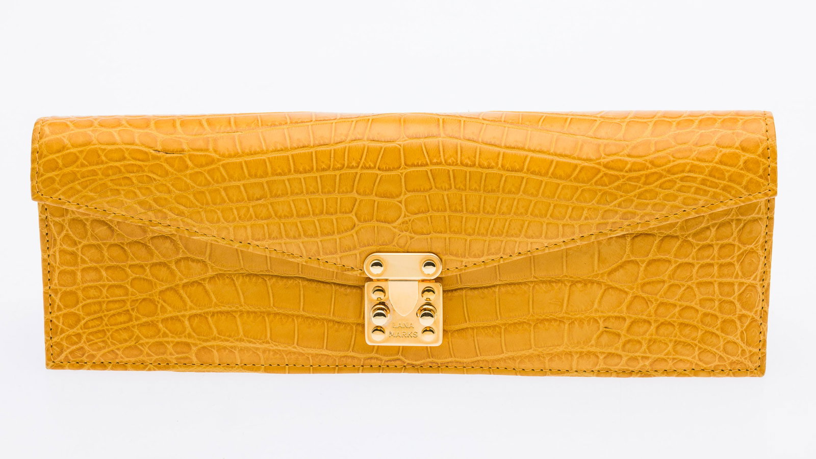 Lana Marks Yellow Alligator Clutch with Two Straps: Property from a Private Collection, St. Simons Island, GA Description: Lana Marks Yellow Alligator Clutch with Two Straps, yellow alligator clutch with gold-tone clasp, the front flap opening to
