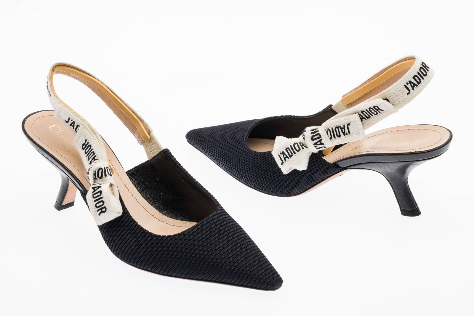 Christian Dior J'Adior Slingback Pumps, Sz 36.5: Description: Christian Dior J'Adior Slingback Pumps, Sz 36.5, constructed from technical fabric with a goatskin lining and a cotton embroidered ribbon, with low-cut upper, a pointed toe and 'J'ADIOR'
