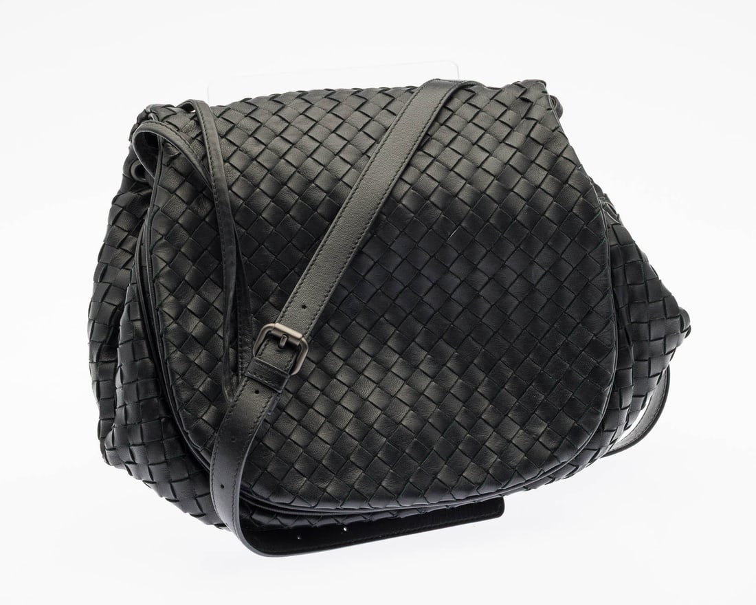 Bottega Veneta Nappa Intrecciato Messenger Bag: Description: Bottega Veneta Nappa Intrecciato Messenger Bag, with a front flap and adjustable shoulder strap for use as a crossbody or shoulder bag; with zipped internal pocket and leather tab to