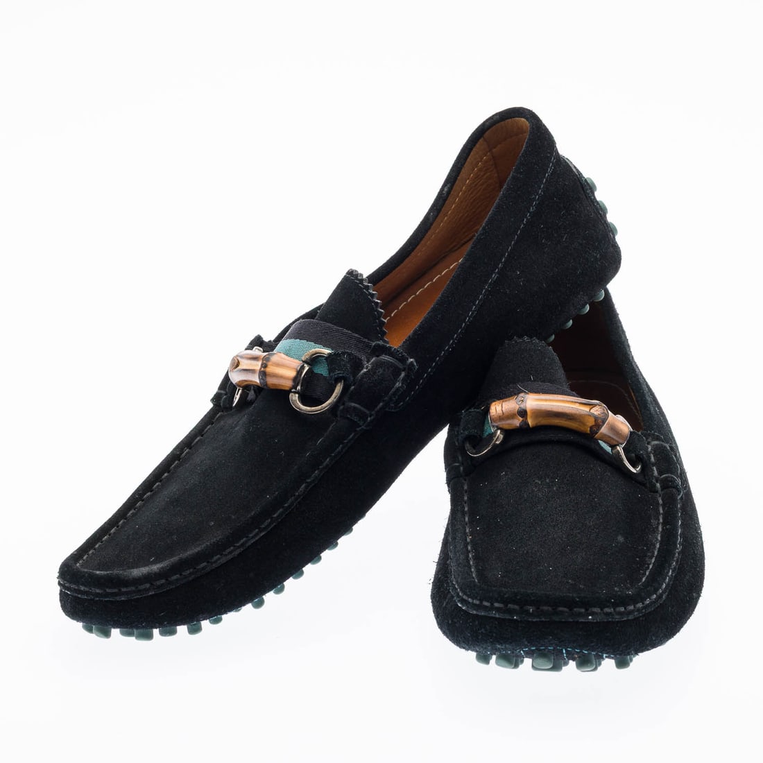 Pair Gucci Men's Black Suede Bamboo Slip-On Loafers: Property of a Private Collector, Savannah, GA Description: Pair of Gucci Men's Black Suede Bamboo Slip-On Loafers, accented with Gucci's iconic horse bit hardware integrated with a brown bamboo