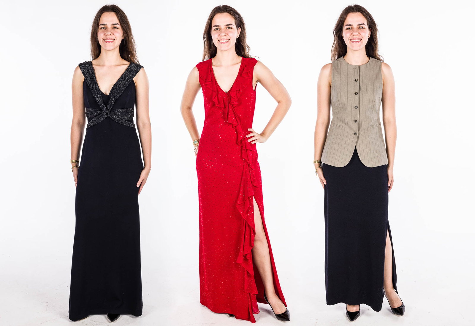 Two St. John Knit Evening Dresses and a Long skirt: Description: Two St. John Knit Evening Dresses and a Long skirt, comprising St. John knit long black evening dress with metallic, glittering strap details, size 6; St. John knit long red evening