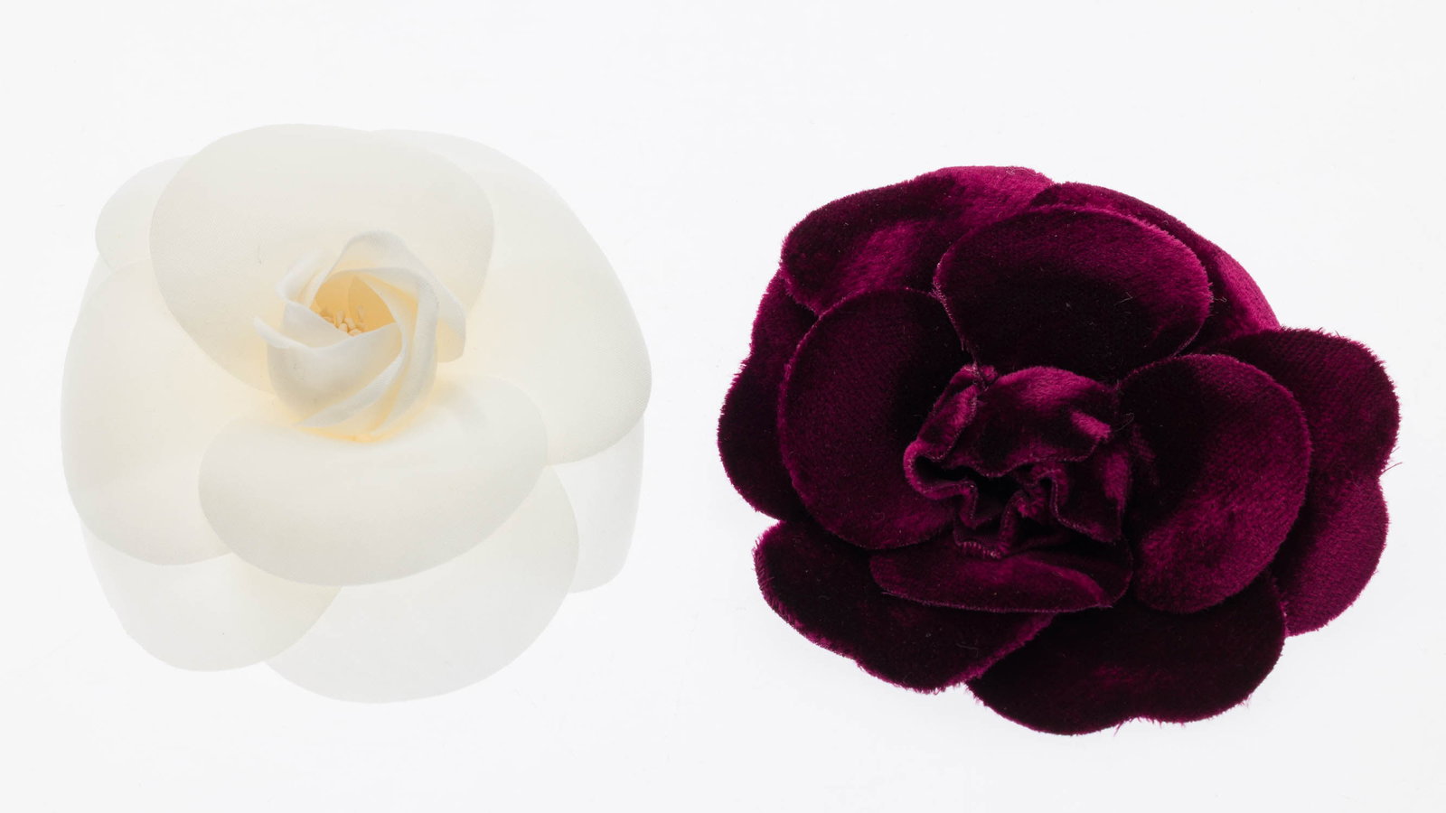 Two Chanel Camellias: Description: Two Chanel Camellias, camellia brooches in white and burgundy colors with brand gold tag on verso, together with boxes. Measurements: Height: of the burgundy one 3 1/2 in. x Width: 3 1/4