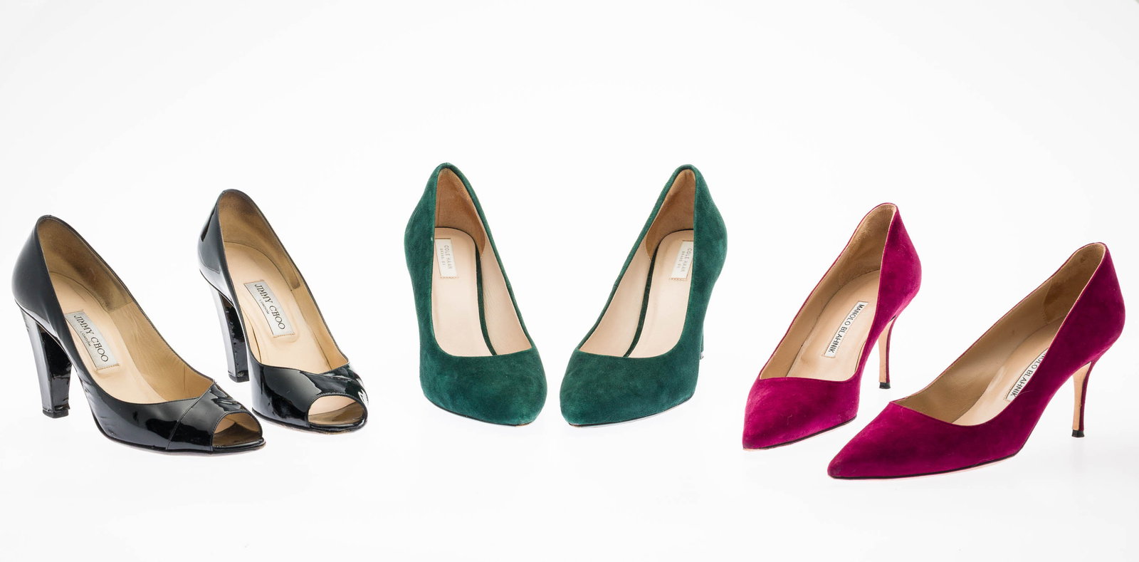 Three Pairs of Pumps: Description: Three Pairs of Pumps, comprising Jimmy Choo black patent leather peep-toe pumps, 3 1/2 in. heel; Manolo Blahnik Red Suede pointed toe pumps, 3 in. heel; and Cole Haan Green Suede pointed