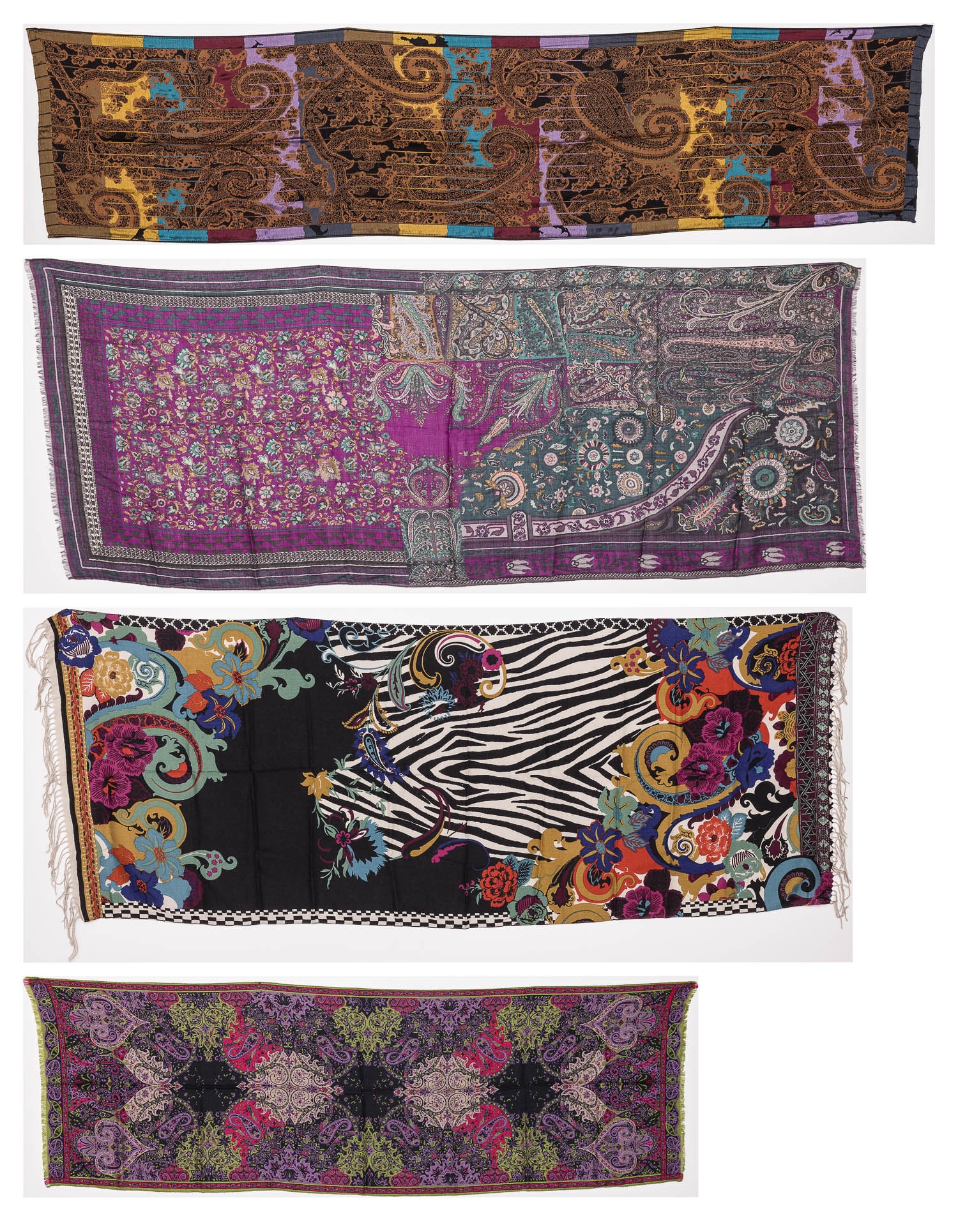 Four Etro Shawls: Description: Four Etro Shawls, comprising a paisley-patterned scarf in tones of ochre, lavender, burgundy, teal, and yellow, with a tag and brand label lower right corner (dimensions of the scarf