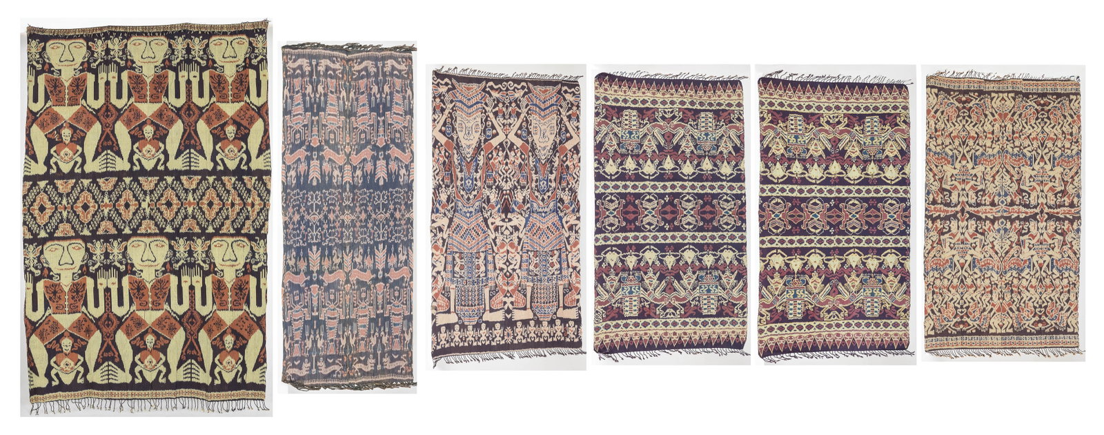 Group of 6 Ikat Fabric Panels: Property of a Private Collector, Ridgeland, SC Description: Group of 6 Ikat Fabric Panels, all with fringe. Various sizes: 82 in. x 48 in.; 86 in. x 47 in.; 83 in. x 47 in.; 83 in. x 47 in.; 9 ft. 4