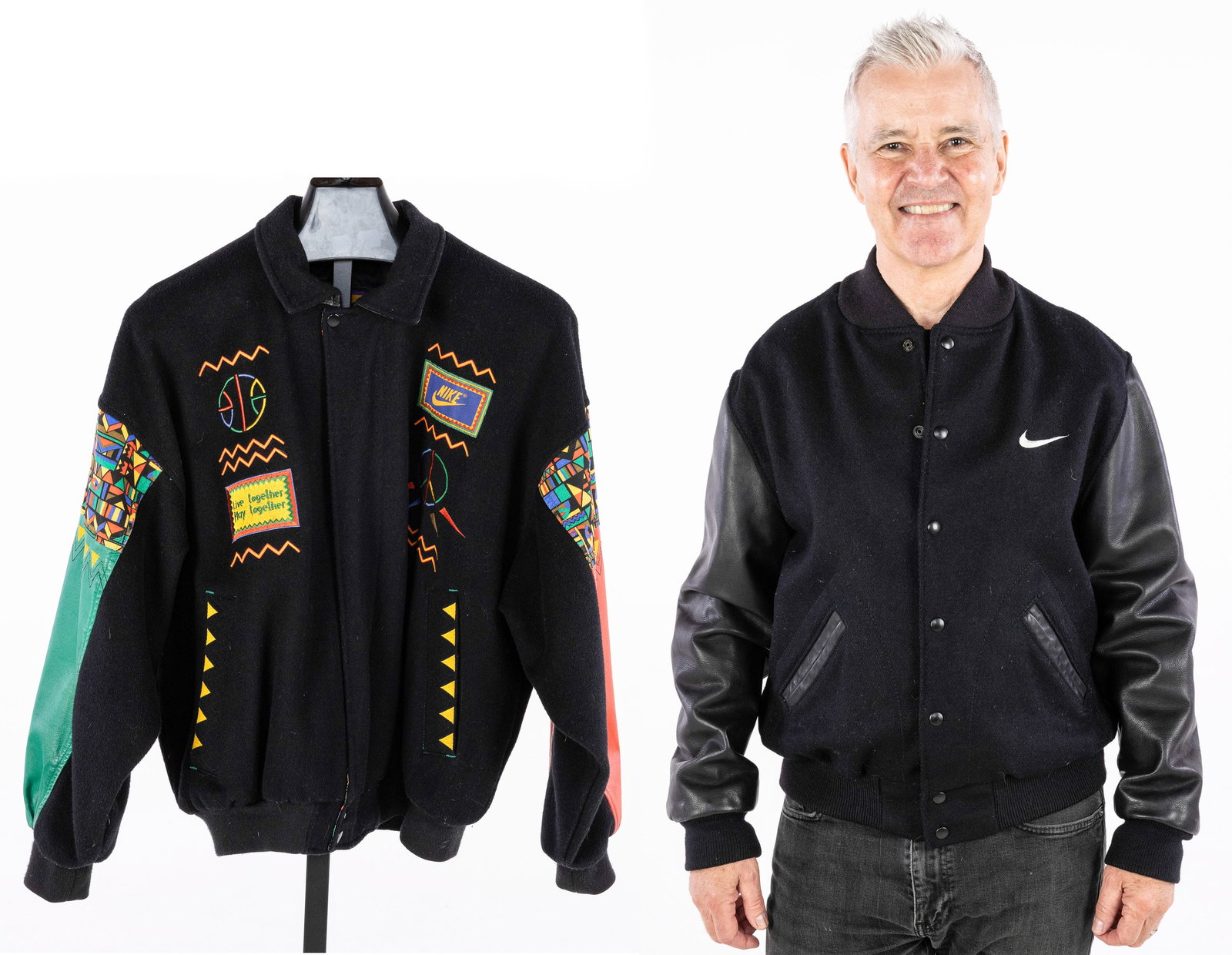 Spike Lee for Nike Jacket and Nike Town Jacket: Property of an Atlanta Collector Description: Spike Lee for Nike Jacket and Nike Town Jacket, comprising a Nike Town wool, satin, and leather varsity style jacket size medium with "NIKE TOWN"
