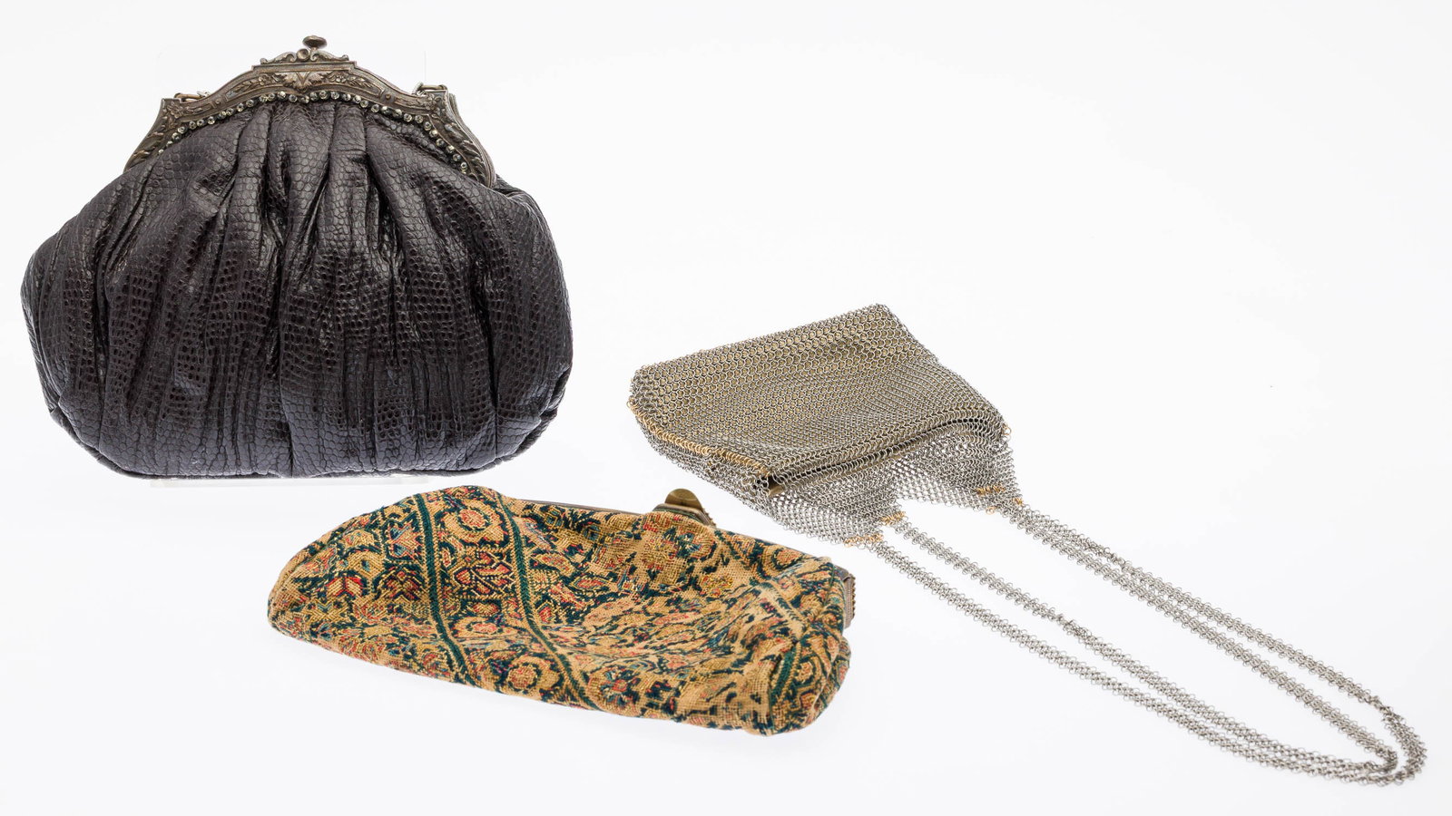 Two Vintage Clutches and Eve France Chainmail Bag: Description: Two Vintage Clutches and Eve France Chainmail Bag, comprising a vintage Chinese Art Deco tapestry clutch with a textile body and a brass frame (dimensions of the bag: 5 1/4 in. x 9 i