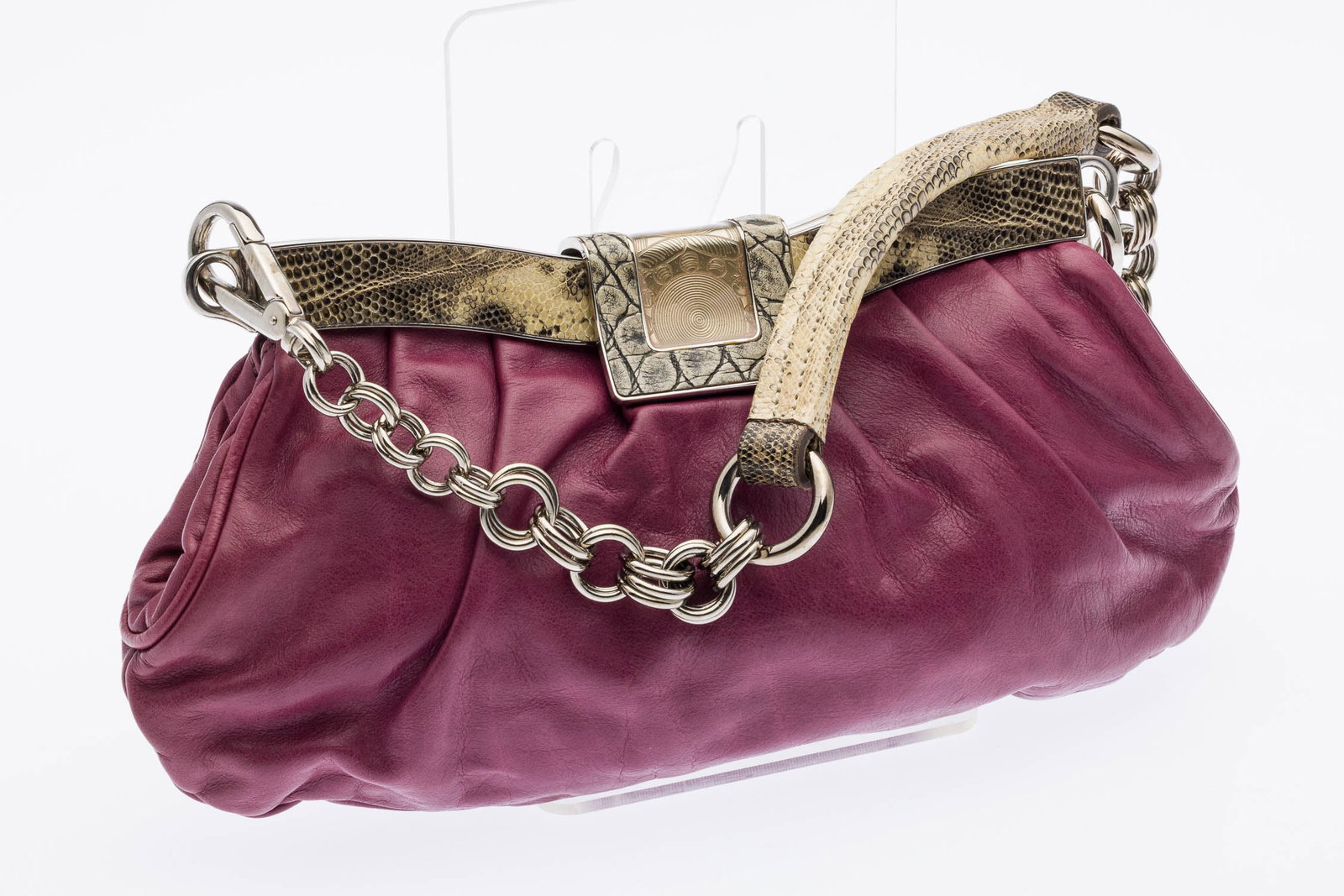 Prada Vitello Skipper Shoulder Bag: Description: Prada Vitello Skipper Shoulder Bag, purple Vitello leather with lizard and python skin trim, complemented by silver-tone chain-link straps; internal zipper pocket, tag containing "LN