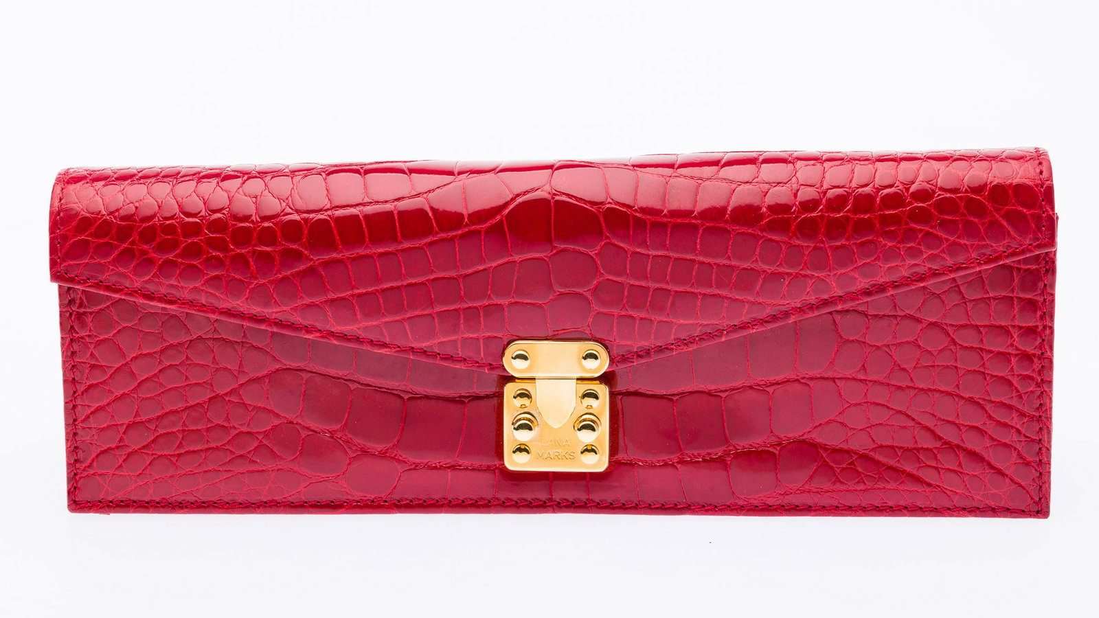Lana Marks Red Alligator Clutch with Strap: Property from a Private Collection, St. Simons Island, GA Description: Lana Marks Red Alligator Clutch with Strap, bright read alligator clutch with gold-tone clasp, the front flap opening to red