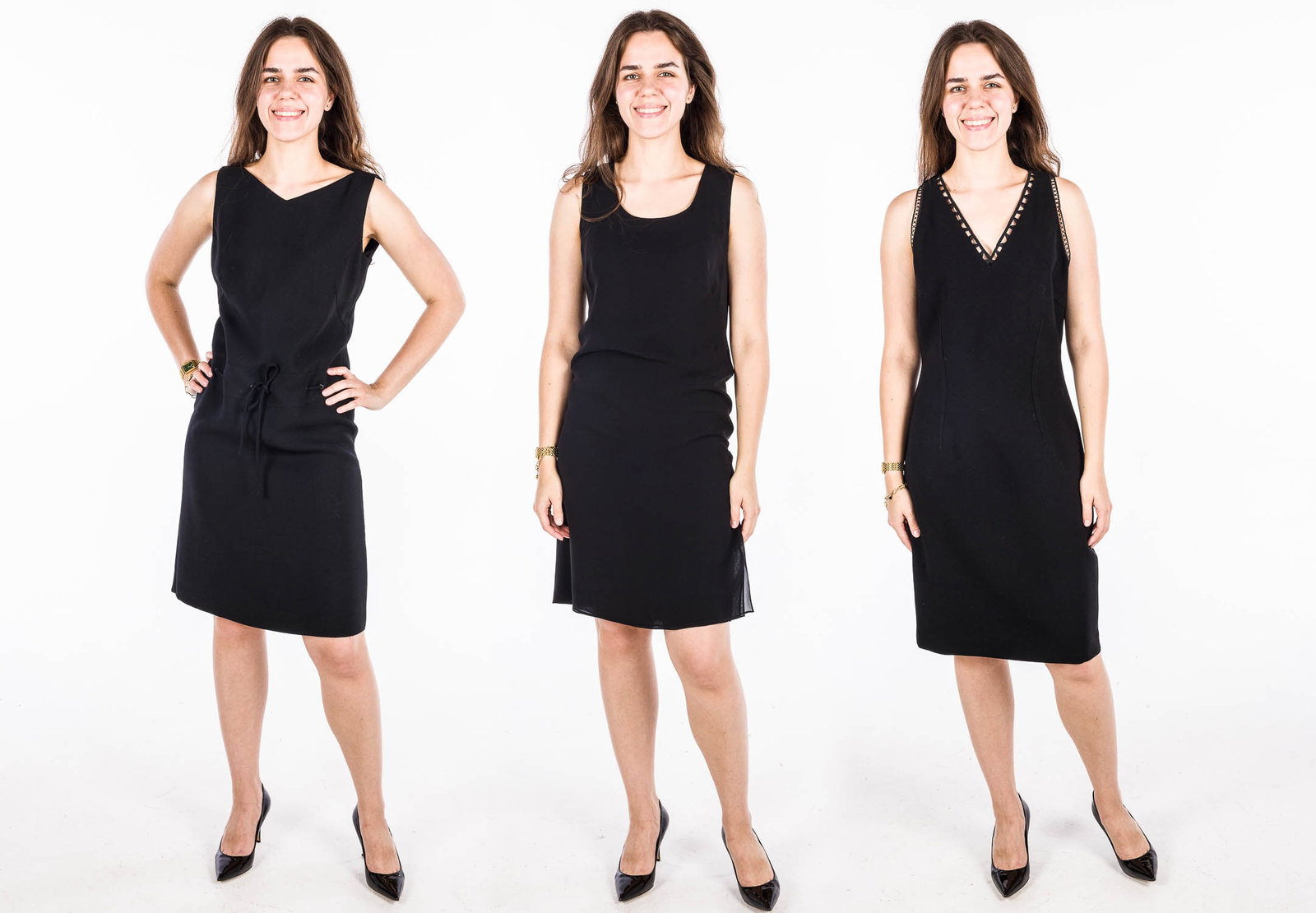 3 Black Sleeveless Dresses: Description: 3 Black Sleeveless Dresses, comprising Elie Tahari sleeveless ponte knit dress, tags to interior, size 10; Akris silk dress with short slit to left side , tags to interior, size 8; Akris