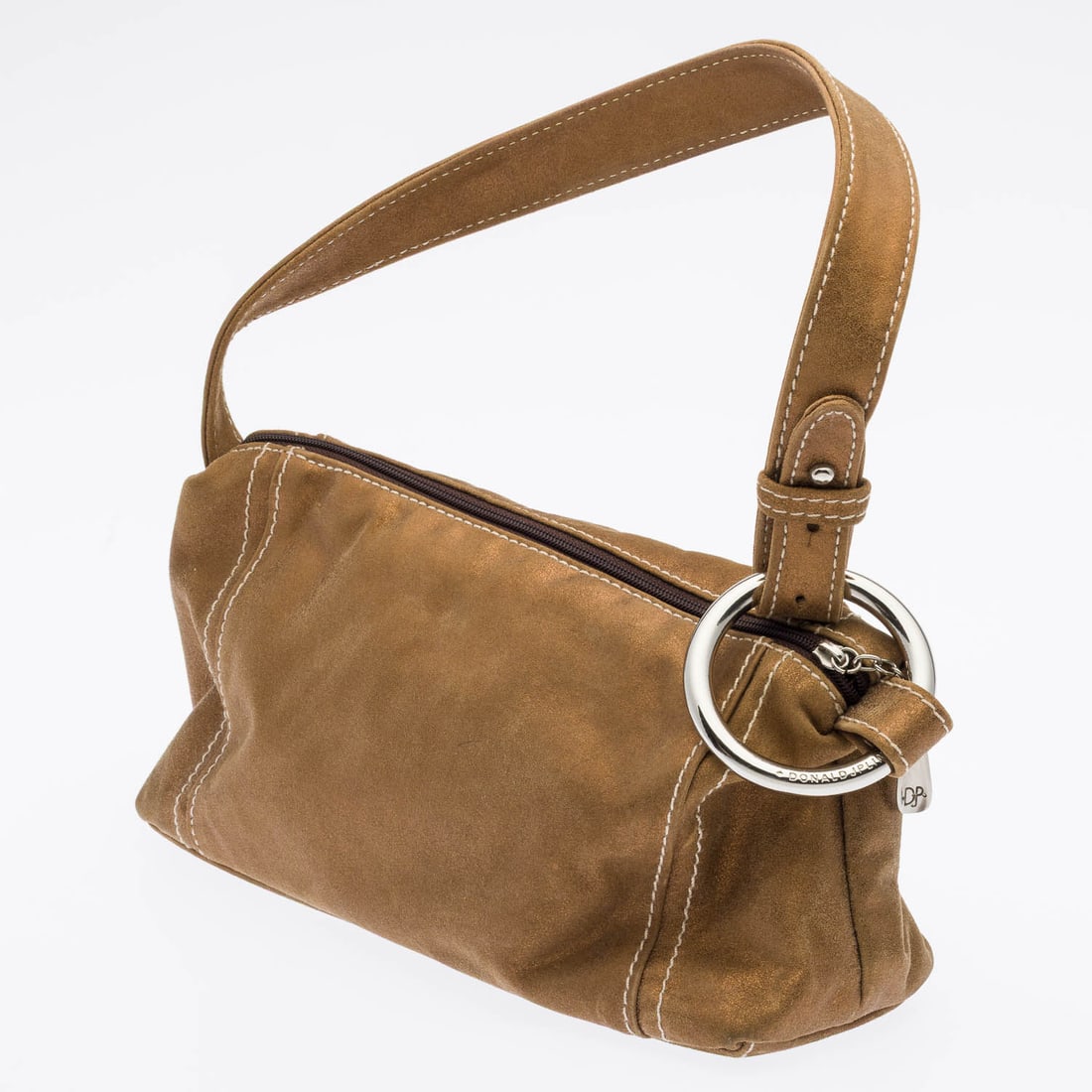 Donald J. Pliner Copper Leather Shoulder Bag: Description: Donald J. Pliner Copper Leather Shoulder Bag, with silver-tone O-ring detailing on the handle, featuring a brand logo; with a simple top zip closure and tag to the interior.