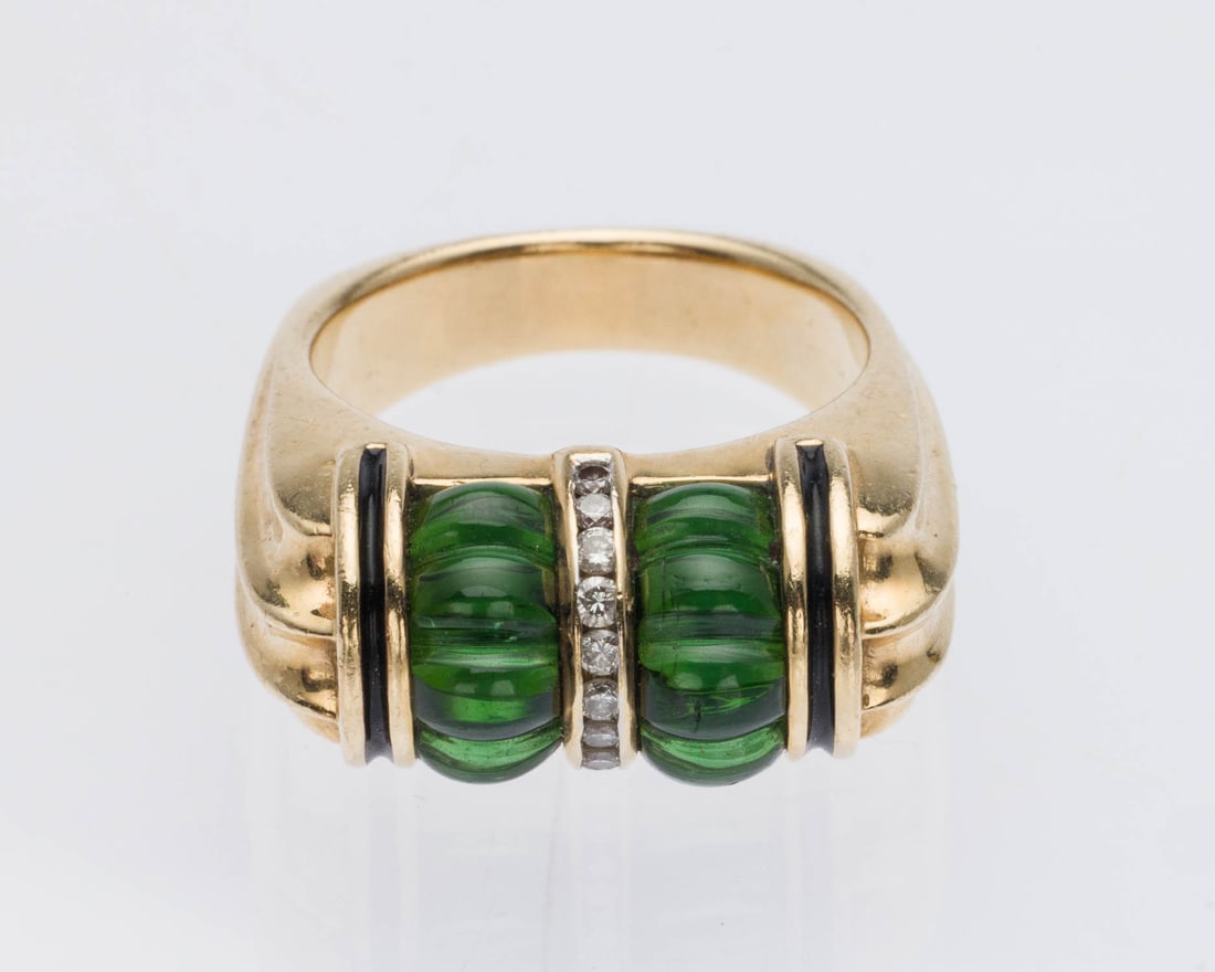 Diamond, Peridot, Enamel and 14K Gold Ring, Size 6: Property from a Private Collection, Savannah, GA Description: Diamond, Peridot, Enamel and 14K Gold Ring, Size 6, featuring carved peridot ribbed cabochons with row of small round diamonds across the