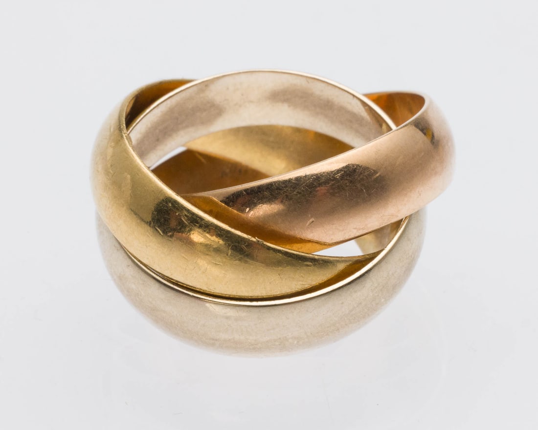18K Gold Tricolor Ring, Signed Cartier, Size 5.5: Property from a Private Collection, Savannah, GA Description: 18K Gold Tricolor Ring, Signed Cartier, Size 5.5, 18K rose gold, white gold and yellow gold rings, rose gold ring signed 'Cartier, 750,