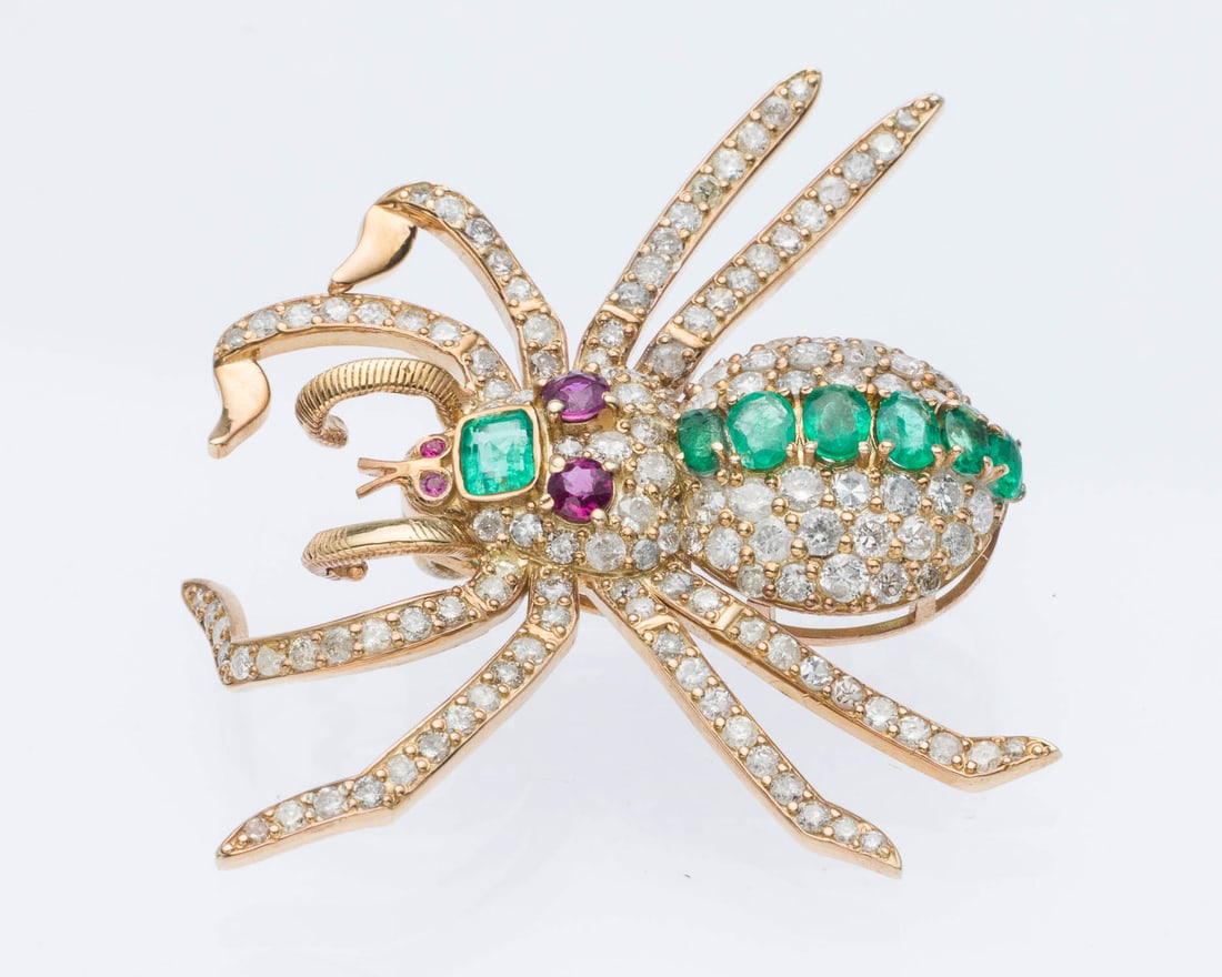 Diamond, Emerald and Ruby Gilt Silver Spider Pin (1 of 3)