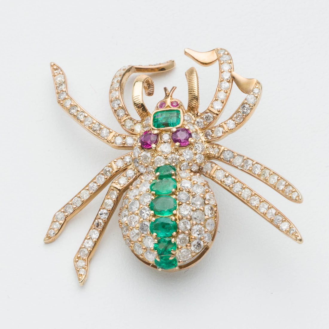 Diamond, Emerald and Ruby Gilt Silver Spider Pin - 2