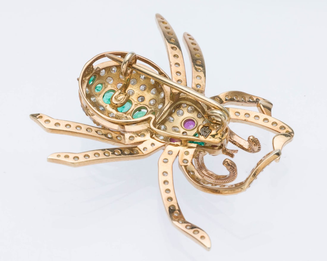 Diamond, Emerald and Ruby Gilt Silver Spider Pin - 3