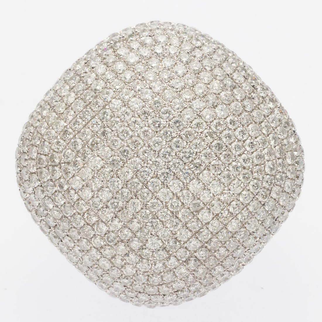 Diamond and 18K Gold Statement Ring, Sz 8: Description: Diamond and 18K Gold Statement Ring, Sz 8, rounded diamond form ring in 18K white gold pave set with round cut diamonds (approx. 11.3 cts F-S1), marked '11.30, K18, 750' on inside of