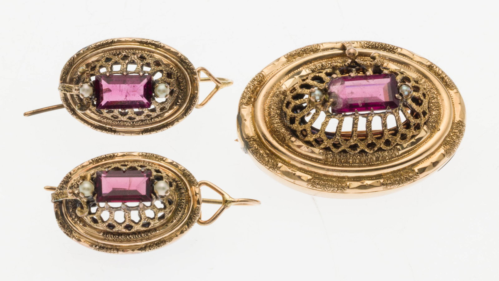 Victorian 14K Gold & Tourmaline Earrings and Pin Set: Property from a Private Collection, Jacksonville, FL Description: Victorian 14K Gold and Tourmaline Earrings and Pin Set, comprising a pair of earrings featuring elongated faceted tourmaline and seed
