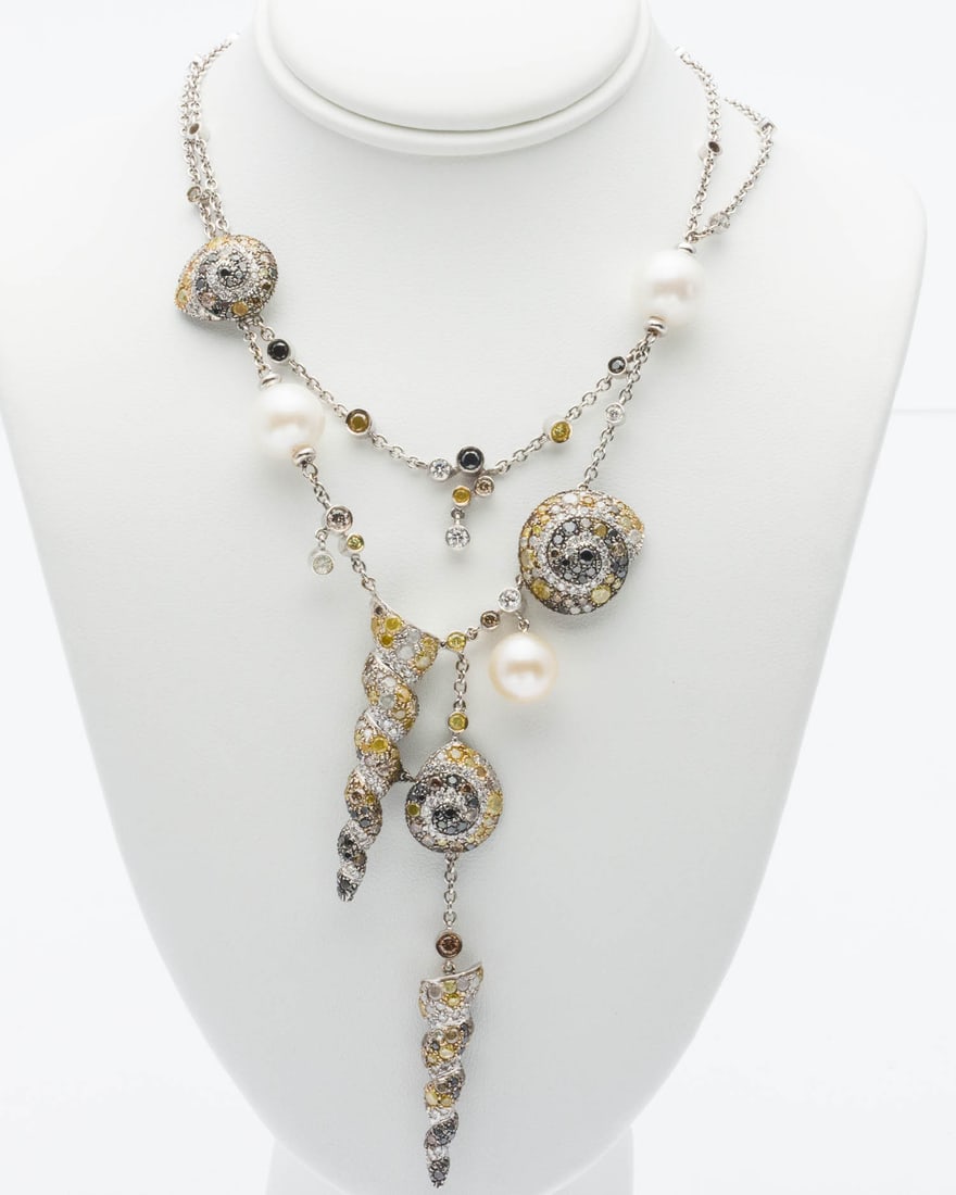 18K White Gold, Colored Diamond and Pearl Necklace (1 of 8)