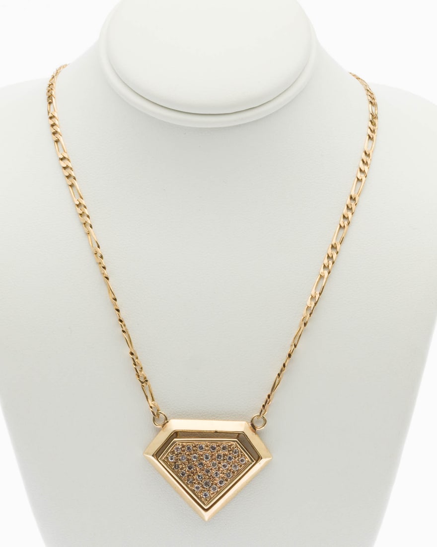 14K Gold Necklace with Diamond Pendant: Property from a Private Collection, Jacksonville, FL Description: 14K Gold Necklace with Diamond Pendant, featuring a diamond-form yellow gold pendant set with numerous round diamonds, on a flat l