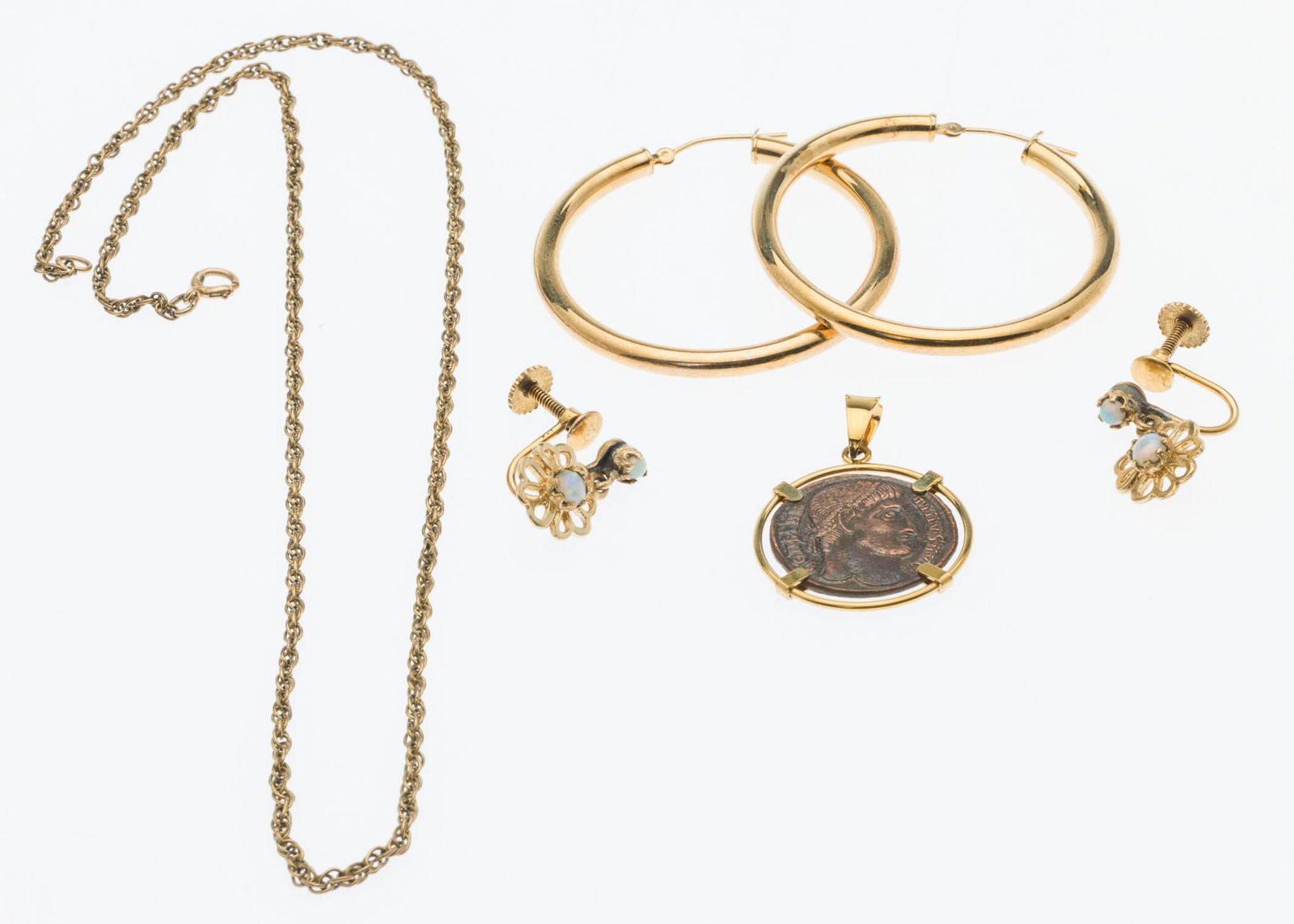 2 Prs 14K Earrings, 18K Pendant & 14K Chain: Property from a Private Collection, Savannah, GA Description: 14K Gold Hoop Earrings, 14K Gold Opal Earrings, 18K Gold Pendant with Roman Coin and 14K Chain, comprising a pair of 1 1/2 in. 14K yel