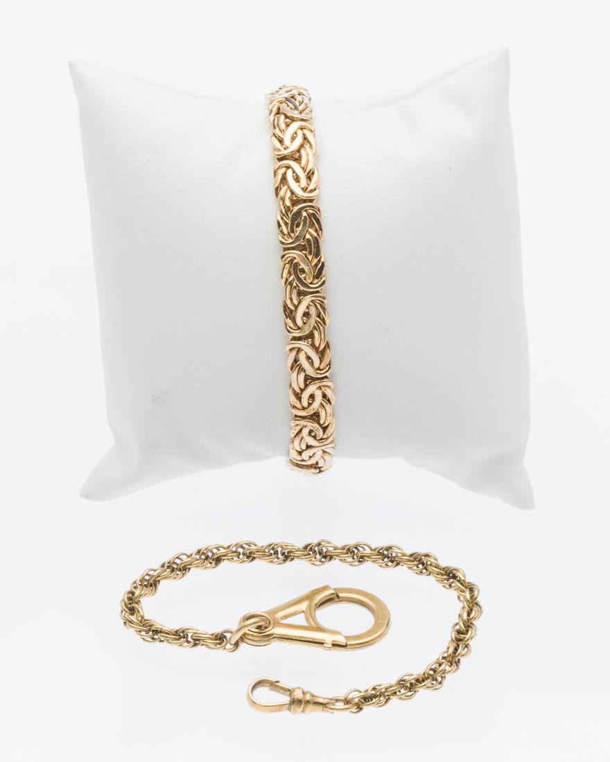 Italian 14K Bracelet & Gold Plated Sterling Chain: Property from a Private Collection, Savannah, GA Description: Italian 14K Gold Bracelet and Gold Plated Sterling Chain, comprising a flat twisted-link yellow gold bracelet with claw clasp, marked