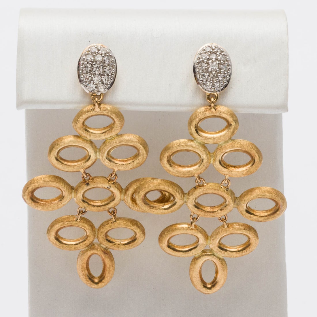 Pair 18K Marco Bicego Gold & Diamond Drop Earrings: Property from a Private Collection, Savannah, GA Description: Pair of 18K Marco Bicego Gold and Diamond Drop Earrings, stacked yellow gold circle drops with pave set diamonds at top, the post backs