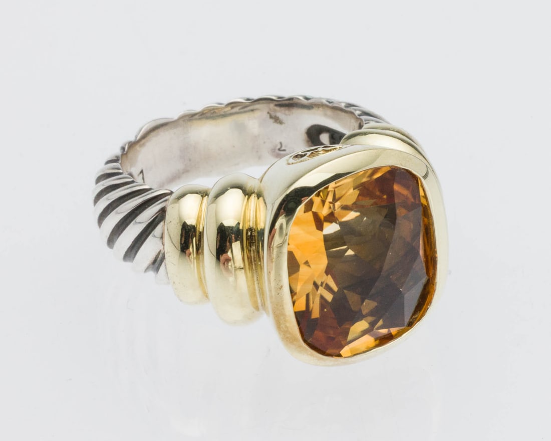 David Yurman Sterling, 18K Gold & Citrine Ring, Sz 7: Property from a Private Collection, Savannah, GA Description: David Yurman Sterling Silver, 18K Gold and Citrine Ring, Size 7, sterling silver twisted cable band featuring a cushion style cut citrine