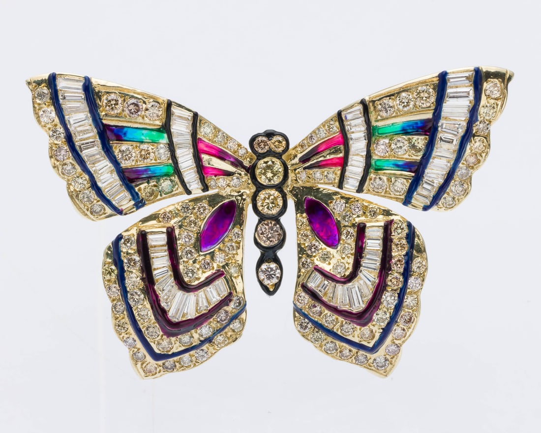 Diamond and Enamel 14K Butterfly Pin: Description: Diamond and Enamel 14K Butterfly Pin, featuring approx. 7 cts of round and baguette cut diamonds mounted in 14K yellow gold with multicolored enamel, unmarked, tests 14K. 18.88 grams