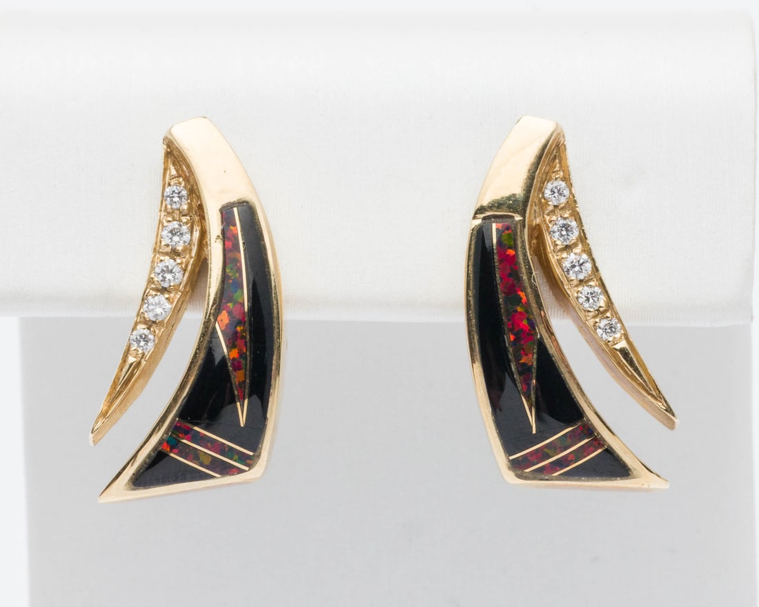 14K Yellow Gold, Onyx, Red Opal and Diamond Earrings: Description: 14K Yellow Gold, Onyx, Red Opal and Diamond Earrings, each inlaid with black onyx and red opal in yellow gold accented with 5 round diamonds (approx. 0.24 cts), with post backs, marked