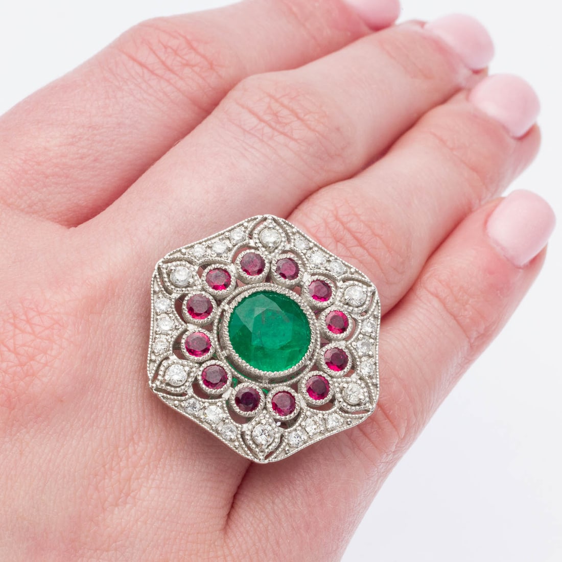Emerald, Ruby and Diamond Platinum Ring, Size 7 - 2