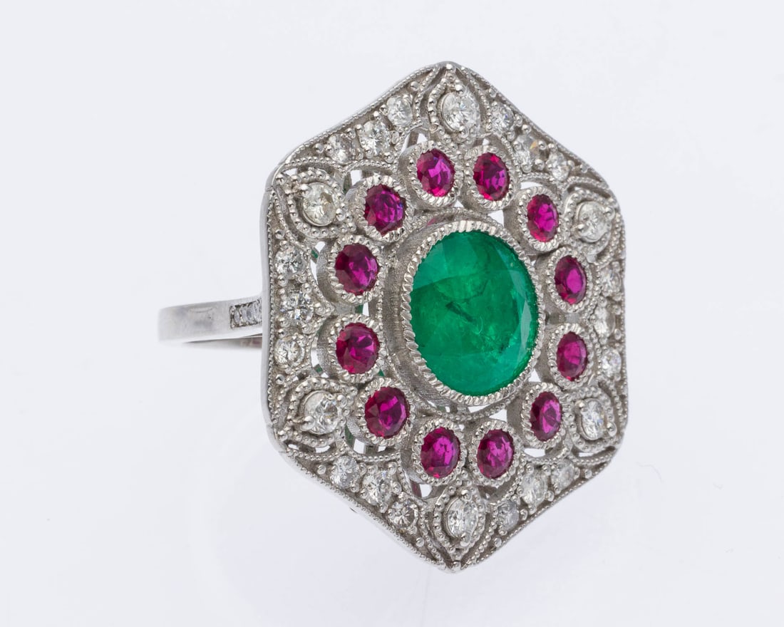 Emerald, Ruby and Diamond Platinum Ring, Size 7 - 3
