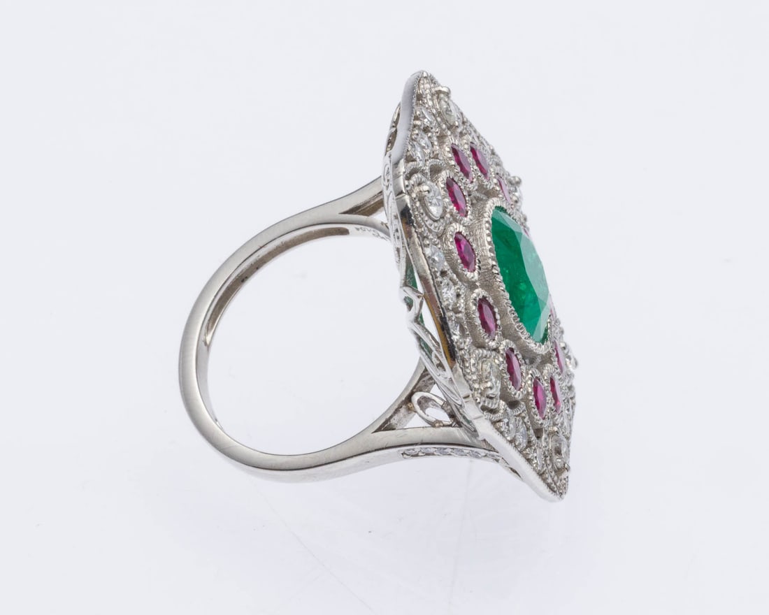 Emerald, Ruby and Diamond Platinum Ring, Size 7 - 4