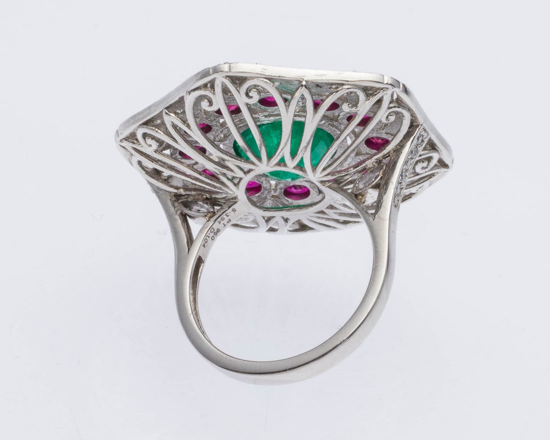 Emerald, Ruby and Diamond Platinum Ring, Size 7 - 5