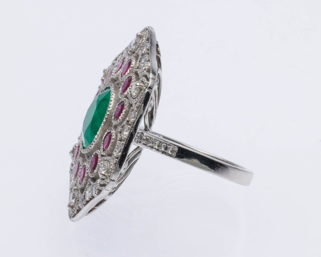 Emerald, Ruby and Diamond Platinum Ring, Size 7 - 6