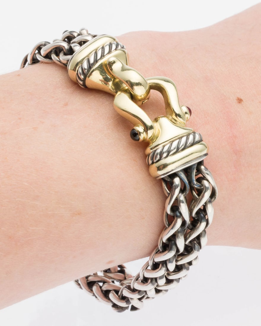 David Yurman Sterling 14K Gold & Rhodolite Bracelet: Property from a Private Collection, Savannah, GA Description: David Yurman Sterling Silver, 14K Gold and Rhodolite Double Wheat Chain Bracelet, two sterling silver wheat chains with 14K yellow gol